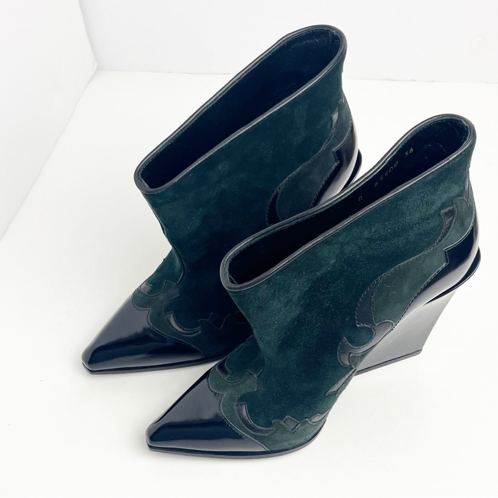 SERGIO ROSSI Black Green Western Pointy Toe Ankle Booties, EU 36 Quiet Luxury - Picture 6 of 11